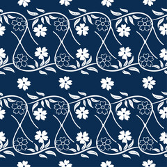 Stylized White Floral Vines Seamless Pattern on Deep Navy Background