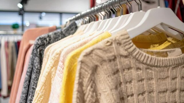 Warm knitted sweaters hanging on clothing rack in fashion store.