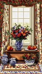 Window display with flowers and fruit.