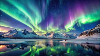 A serene aurora borealis dancing in the night sky with soft green and purple hues, surrounded by towering snow-capped mountains , glowing landscape, dark sky