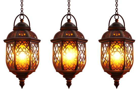 A set of three hanging lanterns with an Arabic design, each containing two glowing lights on the top and bottom