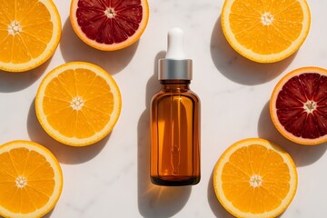 Vitamin C Serum with Fresh Orange and Blood Orange Slices on Marble. Skincare and Citrus Wellness Flat Lay