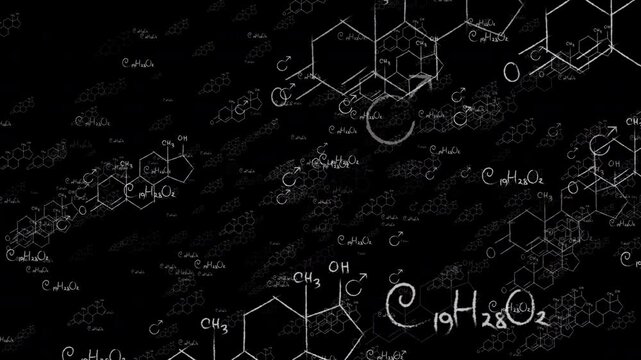 testosterone hormone Molecule Loop Scientific formula seamless Float on black screen