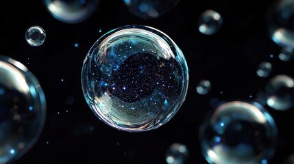 A collection of translucent spheres against a dark background.