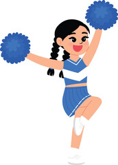 cute girl in cheerleading blue uniform, smile cheerleader dance and jump, cheerful support sport game, smile cheerleader girl with pom-pom entertain and cheering competition sport day