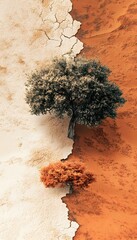 Two contrasting trees on cracked earth, representing different environments.