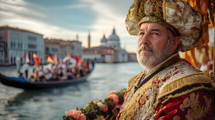 Obraz premium A cinematic portrait of a Venetian elder in regal Renaissance attire, standing aboard a richly decorated boat during Festa della Sensa, gazing out over the lagoon.