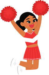 cute black girl in cheerleading red uniform, smile cheerleader dance and jump, cheerful support sport game, smile cheerleader girl with pom-pom entertain and cheering competition sport day
