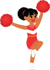 cute black girl in cheerleading red uniform, smile cheerleader dance and jump, cheerful support sport game, smile cheerleader girl with pom-pom entertain and cheering competition sport day
