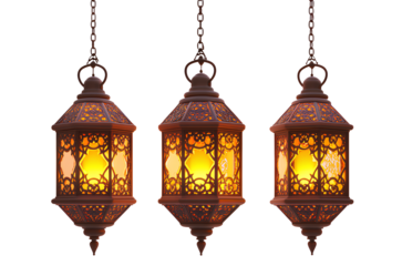  A set of three hanging lanterns with an Arabic design, each containing two glowing lights on the top and bottom 