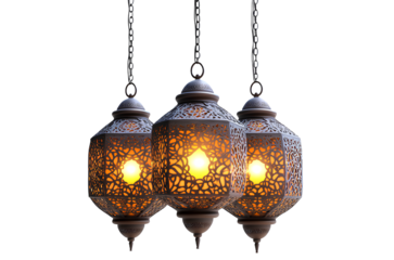 A set of three hanging lanterns with an Arabic design, each containing two glowing lights on the top and bottom 