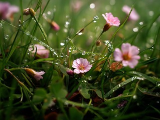 fresh green grass covered in soft flower petals, shimmering with morning dew.