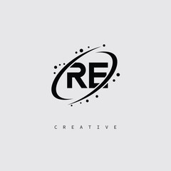 RE Creative Monogram Logo – Minimal Futuristic Letter mark Design with Space Orbit Style and swirl Style  for Modern Branding & Tech Identity