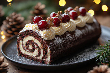 A beautifully decorated chocolate yule log cake placed on a dark plate, a swirl of chocolate and vanilla cream. Topped with whipped cream rosettes, shiny red cherries, and gingerbread decorations.