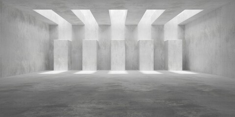 Abstract empty, modern concrete room with rectangle openings, counter blocks and rough floor - industrial interior background template