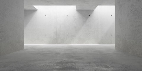 Abstract empty, modern concrete room with two wide rectangle openings, side walls and rough floor - industrial interior background template