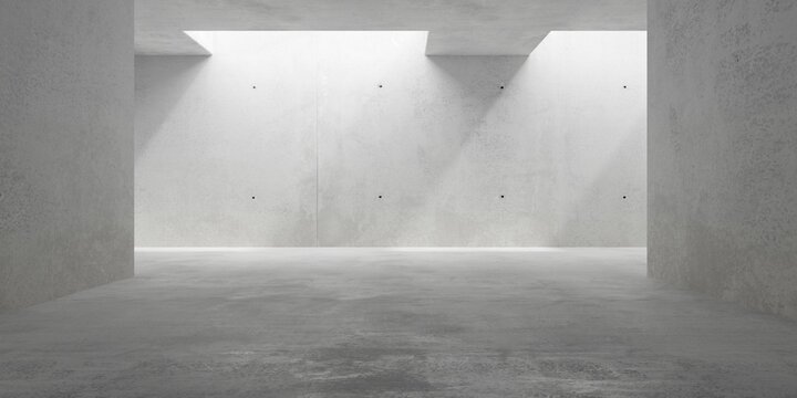 Abstract empty, modern concrete room with two wide rectangle openings, side walls and rough floor - industrial interior background template