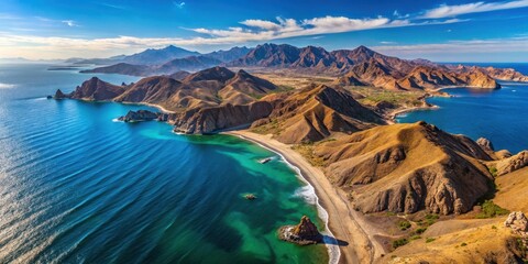 Panoramic aerial view of the Baja California peninsula landscape with rugged coastline and mountains, terrain, outdoor