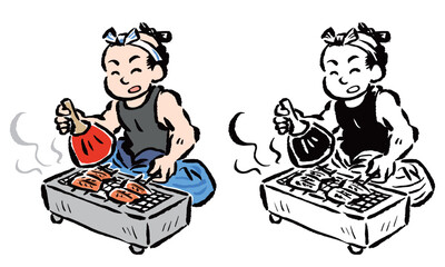 鰻を焼く江戸の男性　カラー・線画セット
