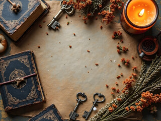 Vintage Halloween Flatlay with Old Books and Candles: Flatlay of vintage Halloween items including worn spell books, melted candles, dried herbs, and antique keys arranged over brown parchment.