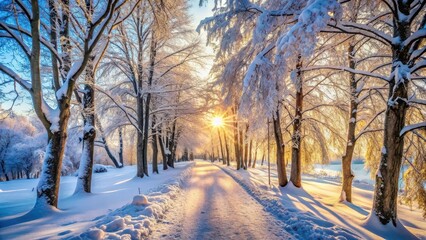 Serene winter landscape with snow-covered trees and sunlit pathway
