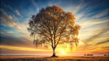 Obraz premium A majestic tree with a striking silhouette against a serene birch background, Silhouette Tree Birch Background, Wooden Trees