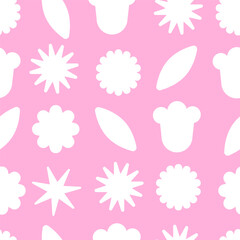 Seamless pattern with abstract white floral and leaf silhouettes on pink background. Repeating decorative botanical texture.