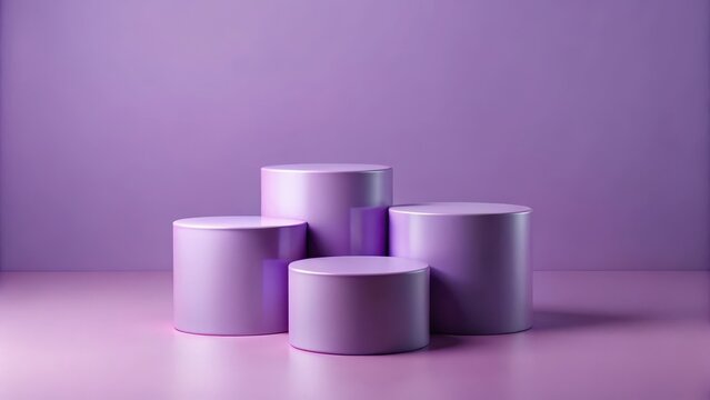 Stands with four violet cylindrical stands on light purple background for product showcasing, showcasing