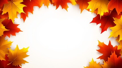 Fototapeta premium On a white background, a rectangular frame made up of multicolored autumn leaves is presented as a design concept for posters, banners, greeting cards, and invitations, allowing for the addition of