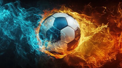 Soccer ball surrounded by flames and smoke.