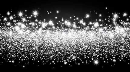 Abstract silver and white bokeh lights shine on a black background, surrounded by defocused glittering circles that provide copy space, ideal for a festive backdrop in holiday celebrations and winter