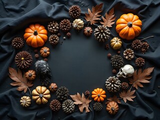 Obraz premium Dark Forest Halloween Flatlay with Natural Elements: Flatlay with moody forest items like pinecones, dried leaves, tiny pumpkins, raven feathers, and skull decor over black fabric background.