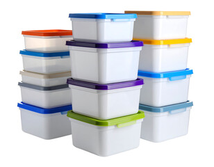 Colorful Plastic Food Storage Containers Stacked on Transparent Background