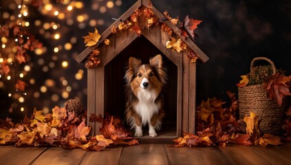 In the fall, a cute dog stands on a wooden deck with autumn leaves scattered around, on a rainy day with copy space