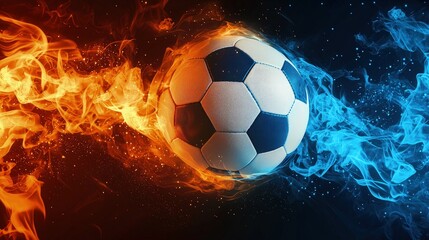 Soccer ball surrounded by flames and ice.