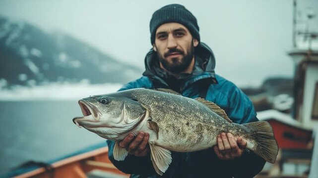 Fisherman's Catch: A rugged fisherman, bundled against the cold, proudly displays his impressive catch of a large fish, the frosty backdrop amplifying the rugged beauty of the scene.