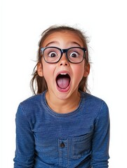 Excited shocked girl in glasses with wow emotion isolated on white background