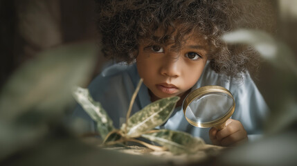 A curious girl examines nature with a magnifying glass
