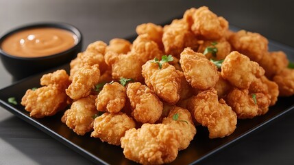 Appetizing chicken nuggets arranged with sauces on a sleek black rectangular plate