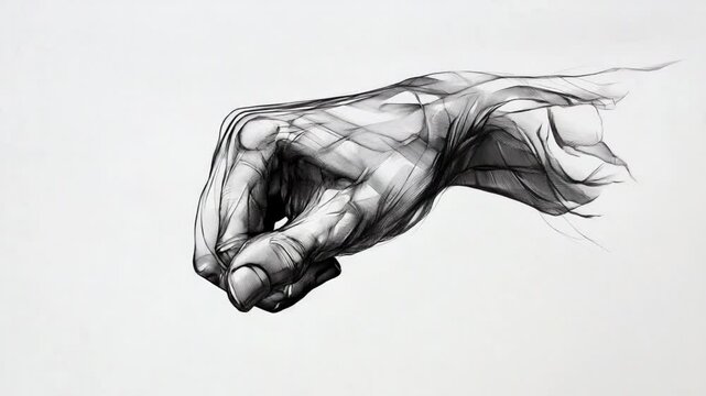 Strength in Detail: An artistic close-up of a human hand, clenched into a fist, rendered with masterful skill. showcasing the play of light and shadow, the texture of the skin.