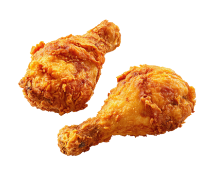 Two crispy fried chicken legs isolated on transparent background for easy design