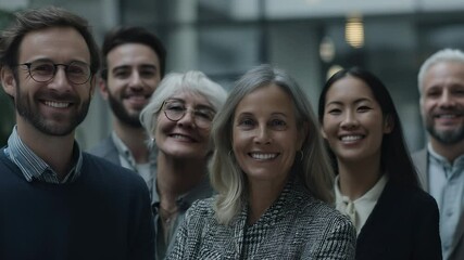 Smiling team of colleagues stands together indoors showing unity in office. Diverse group of business people posing in modern corporate environment. Team success, business group, diversity, smile