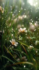 fresh green grass covered in soft flower petals, shimmering with morning dew.