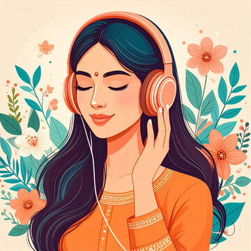 Indian Woman Listening to Music with Headphones and Flowers - Soft Illustration