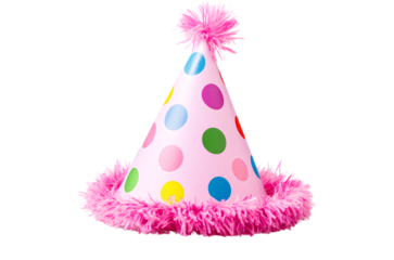  A vibrant birthday hat with multicolored dots and fluffy pink trim, isolated on a white background.