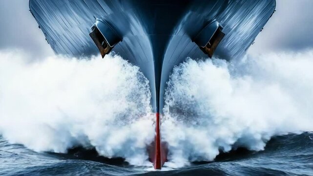 Vessel Navigating Choppy Waters: The bow of a colossal cargo vessel slices through the stormy sea, a display of marine power. The image captures the raw might of the ocean.