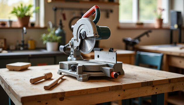 Miter saw on wooden workbench with tools in a workshop setting  