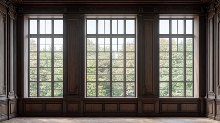 Fototapeta premium Large bay window in classic style with multiple small panes and elegant wood finish
