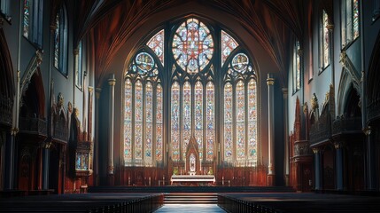 Obraz premium Large cathedral window with pointed arch and leaded glass design