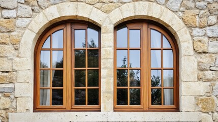 Fototapeta premium Pair of symmetrical vintage windows with curved tops and wooden panels on stone walls